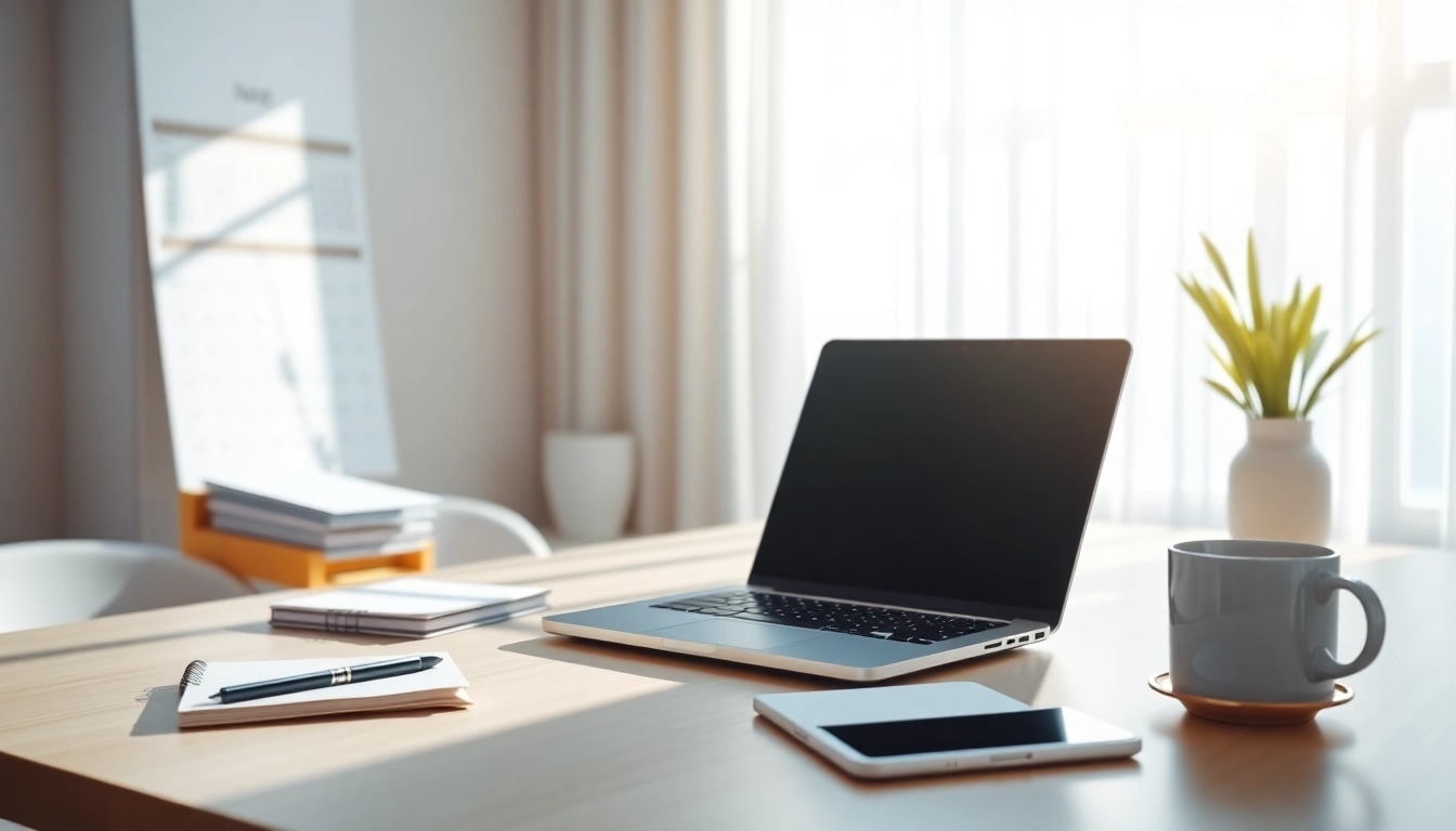 Schedule meetings via email AI in a bright and professional workspace with a laptop and elegant decor.