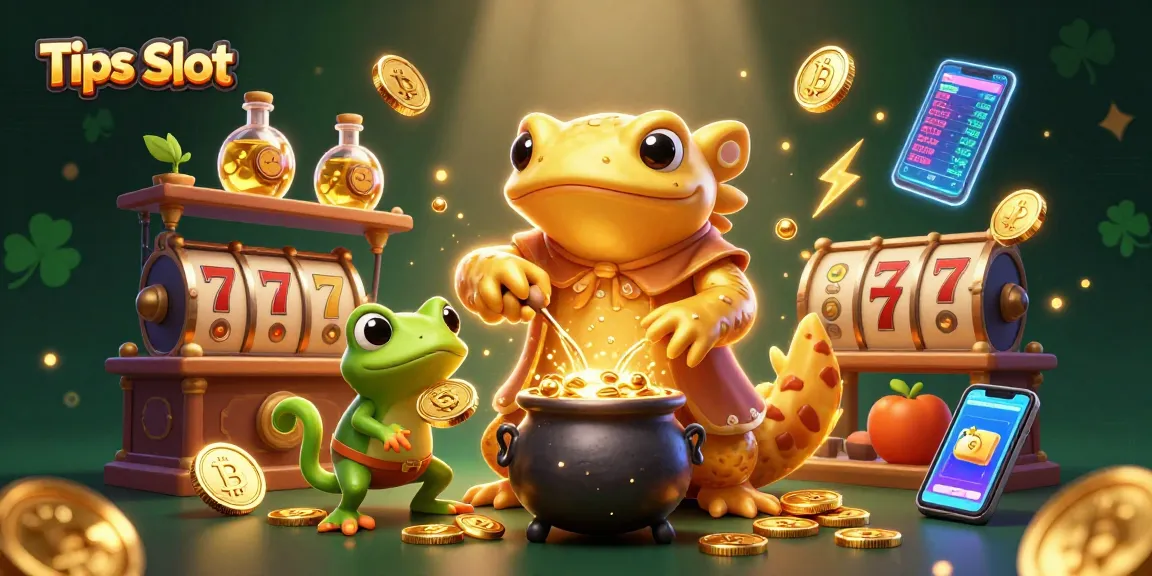 Engage with Tips Slot strategies illustrated by a golden salamander alchemist and his frog apprentice in a vibrant casino.
