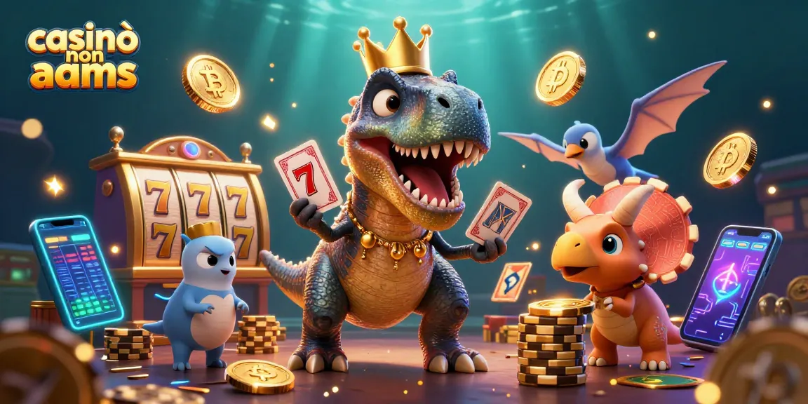 Casinò non AAMS: un T-Rex gioca a carte con un pterodactyl, mentre un triceratopo impila fiches dorate.