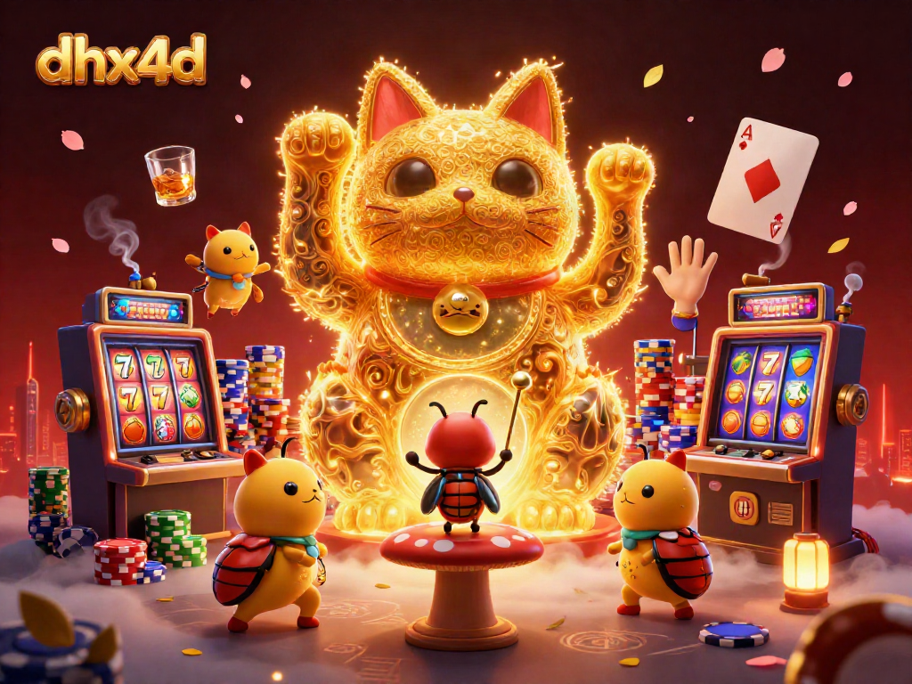 Menyambut kemenangan di dhx4d dengan simbol keberuntungan dan mesin slot berputar.