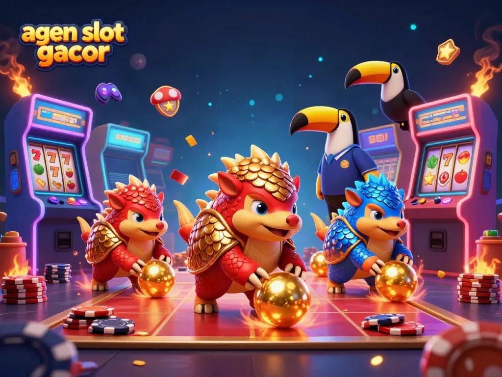 Engaging action of agen slot gacor characters competing with casino elements and gaming machines.