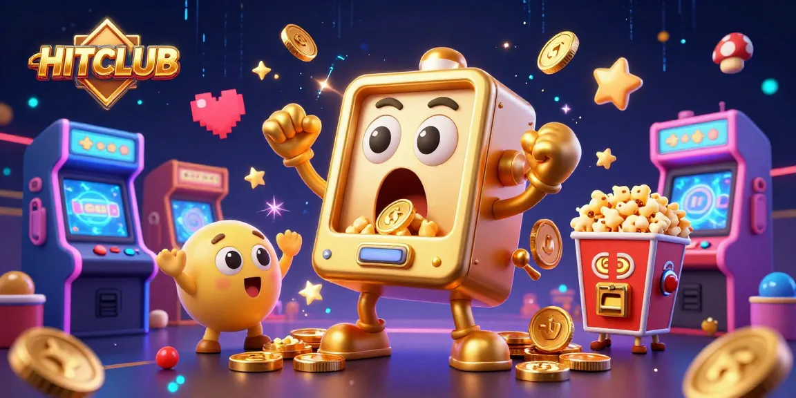 HITCLUB's golden slot machine hits a jackpot, showered with coins in a vibrant casino scene.