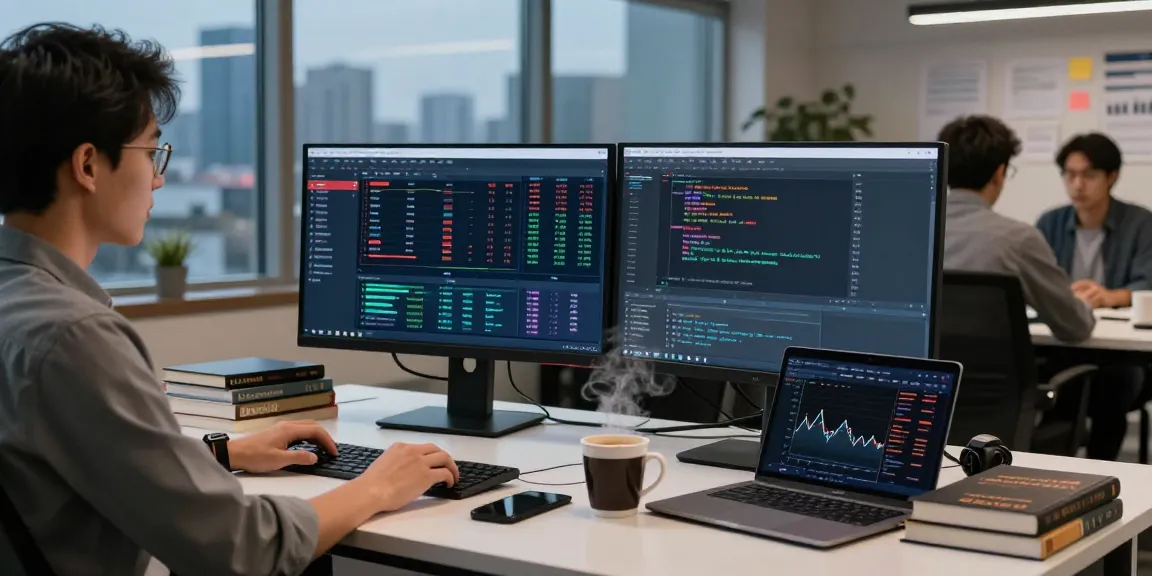 Developer analyzing the Asian stock index API in a modern office workspace.