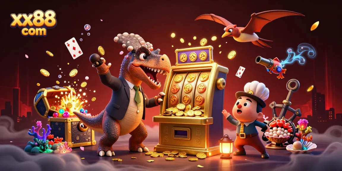Experience the thrill of xx88 com as a pachycephalosaurus headbutts a slot machine amidst flying gold coins.