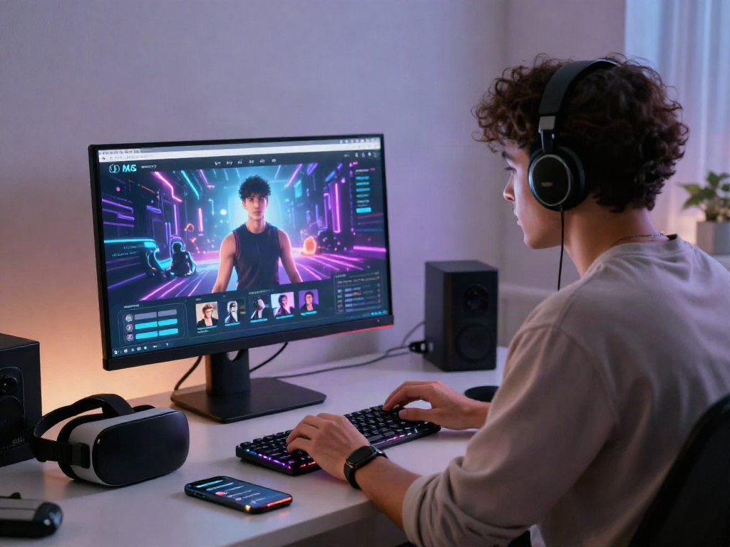 AI porn interface with a user exploring interactive content in a futuristic workspace.