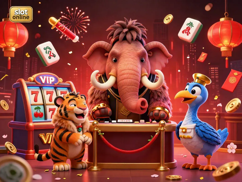 Experience the excitement of slot online with a vibrant casino scene featuring a woolly mammoth bouncer and festive decorations.