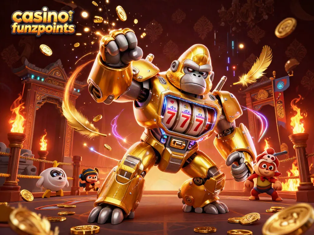 Experience gaming excitement at casino like funzpoints with a golden gorilla mech amidst dynamic casino elements.