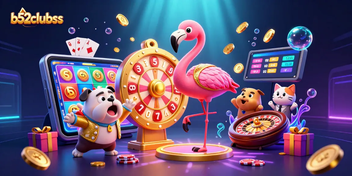 b52clubss celebrates gaming excitement with animated characters and vibrant casino elements.