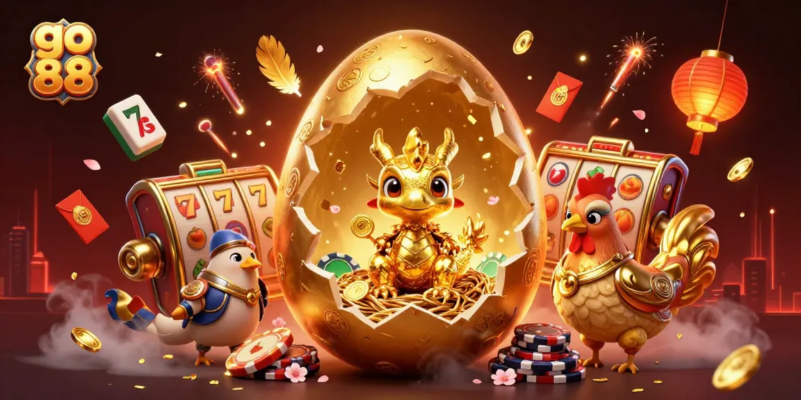 Play go 88 with a golden dragon amid poker chips and slot reels in a vibrant casino scene.