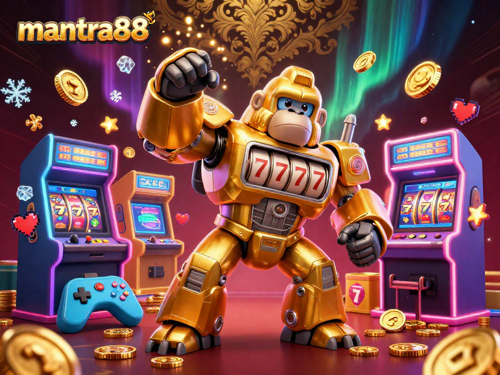 Experience exhilarating wins at mantra88 with a golden gorilla mech bursting coins in a dynamic casino scene.
