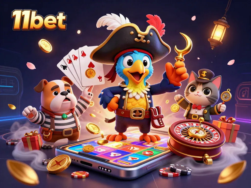 Experience the excitement of 11bet with colorful slot games and lively characters in a dynamic casino scene.