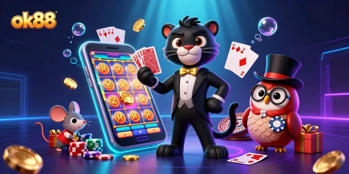 Experience the excitement of ok88 as the panther deals cards among vibrant casino elements.