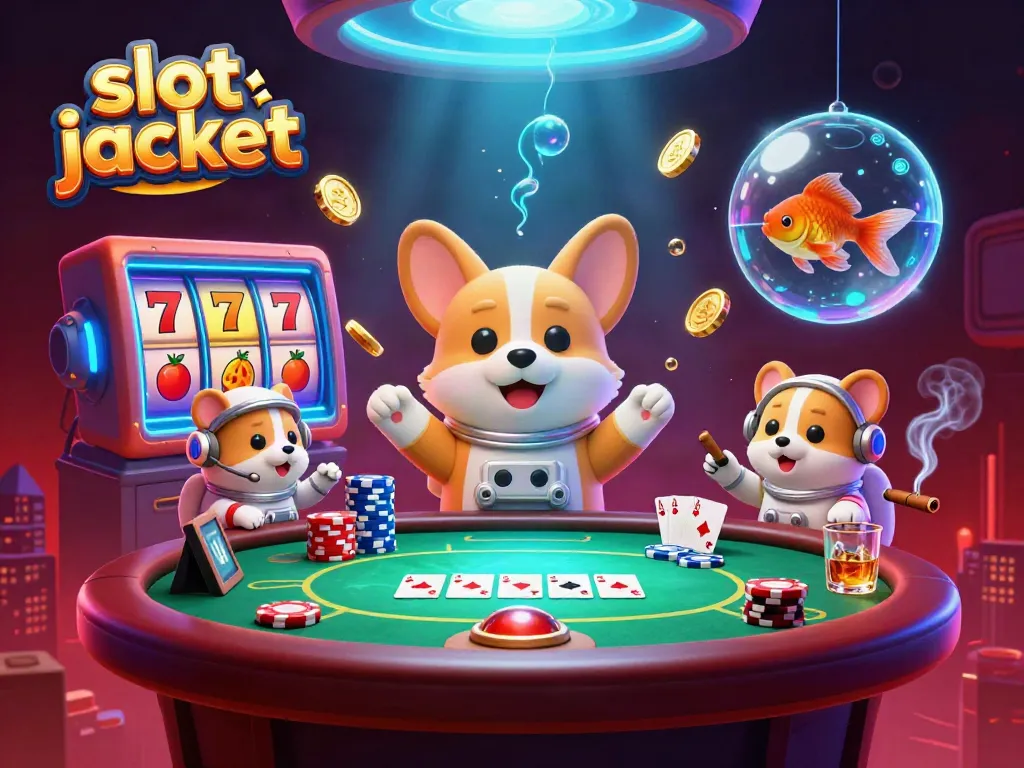 Catch the excitement of "slot jackpot" with a 3D astronaut corgi surrounded by cascading poker chips and spinning reels.