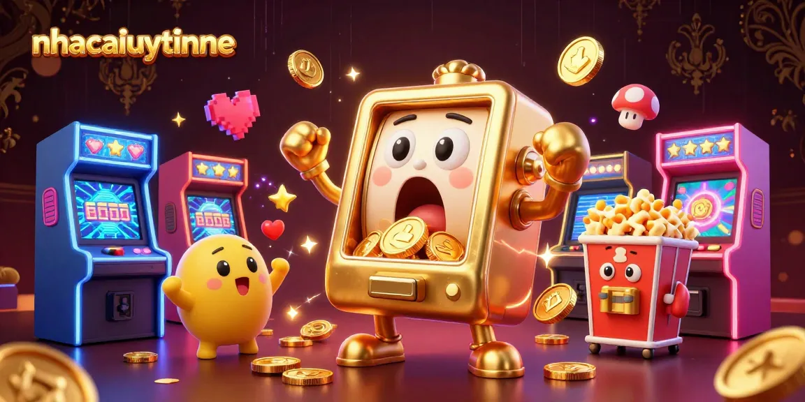 nhacaiuytinne showcases a lively cartoon scene with a golden slot machine winning a jackpot, radiating excitement and energy.