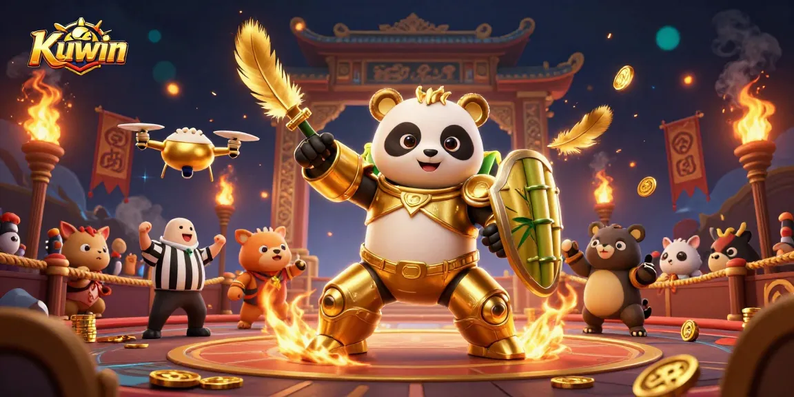 Kuwin showcases a golden panda in a mech-suit fighting robot in a casino-themed arena filled with excitement.