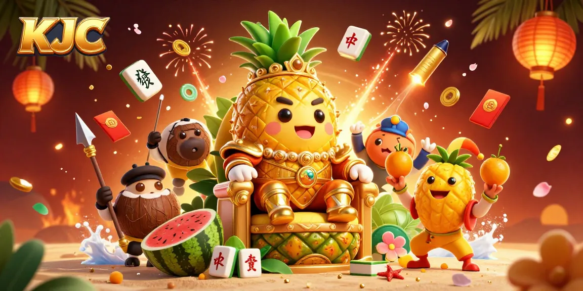 KJC glows in a lively casino scene while the golden pineapple king reigns amidst colorful game elements.