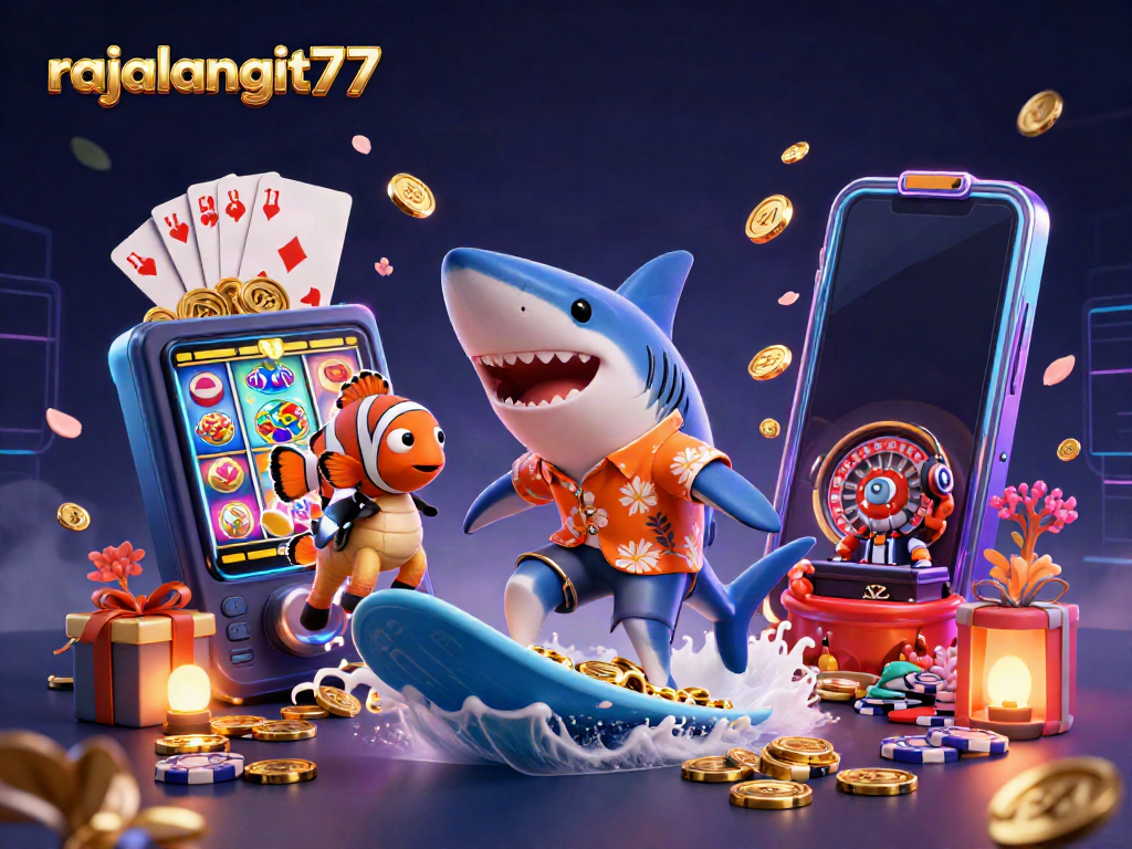 Menyambut petualangan menguntungkan dalam permainan di rajalangit77 dengan hiu kartun menikmati emas dan elemen kasino.