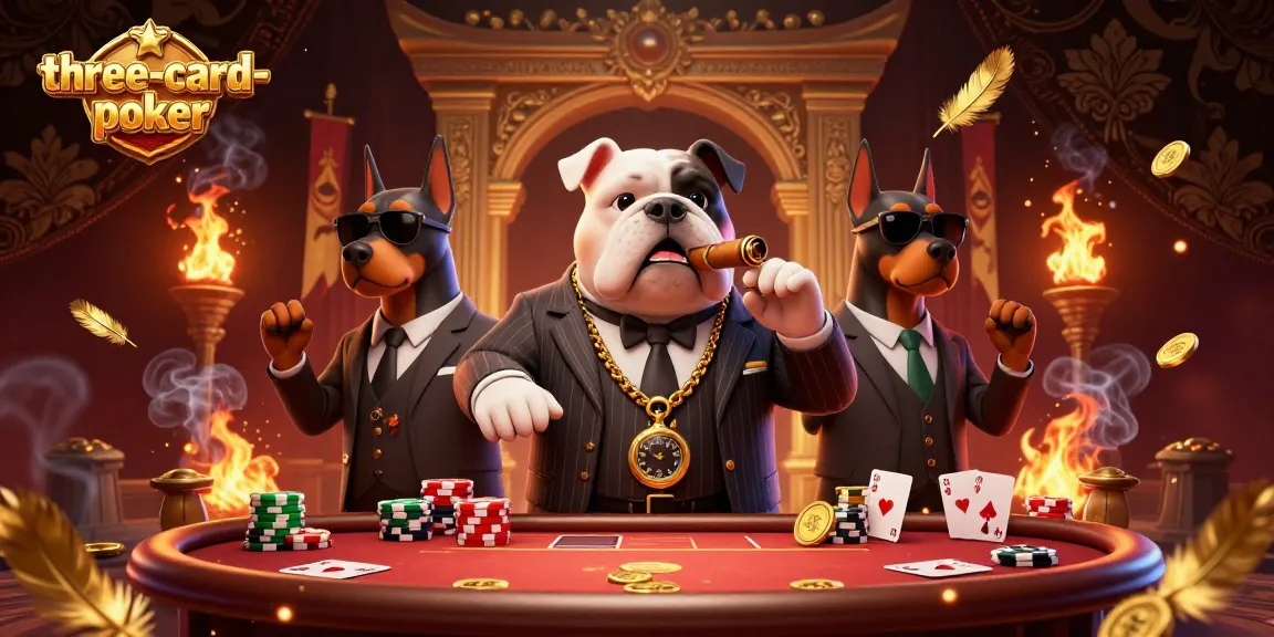 Engage in three-card-poker action with a mafia boss bulldog and its Doberman bodyguards amidst vibrant casino elements.