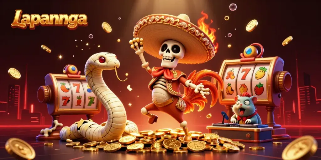 Experience the thrills at Lapannaga with a jubilant mariachi rooster dancing amidst slot reels and golden treasures.