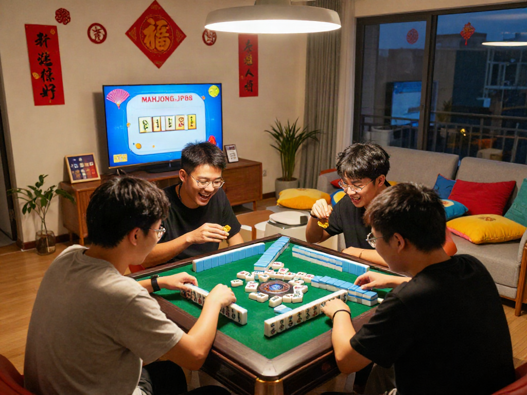 Players enjoying MAHJONGJP88 Official game night in a cozy living room filled with laughter and colorful decorations.