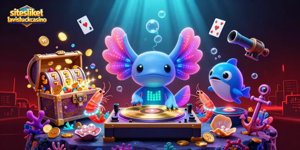 Exciting illustration of siteslikelavishluckcasino featuring vibrant characters and slot reels in an immersive scene.