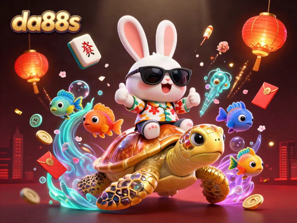 A cheerful rabbit and turtle symbolize da88s' exciting betting experiences with vibrant casino elements.