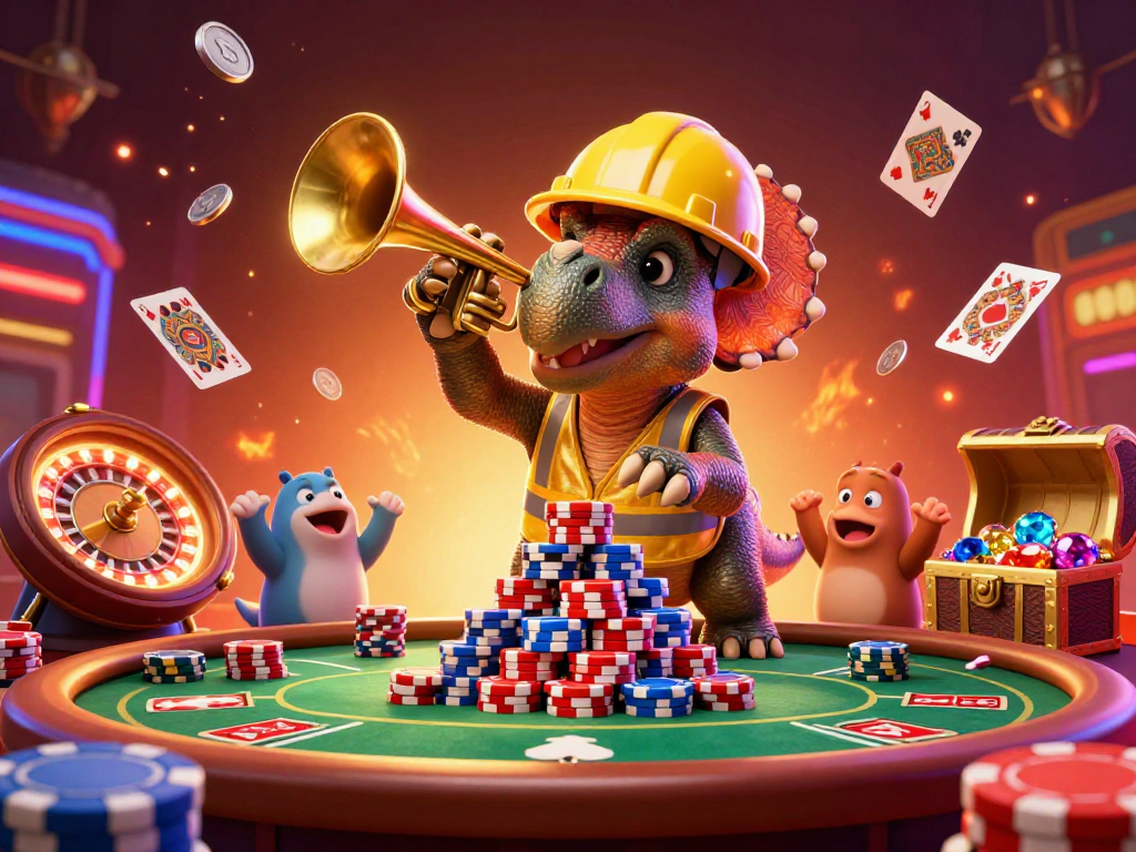 Engage with nohu-nine at the lively casino scene featuring upbeat characters, poker chips, and dynamic game elements.