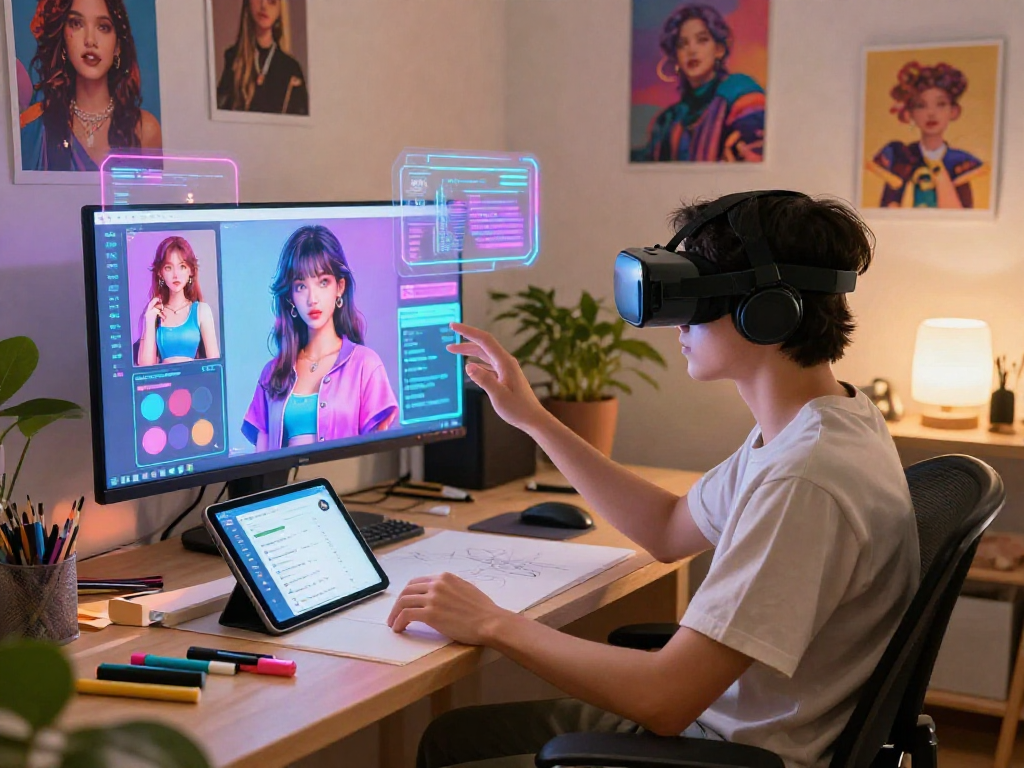 Engaging scene of a user customizing their nsfw ai girlfriend in a digital art studio.