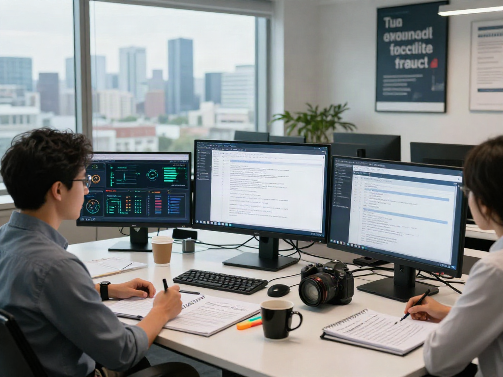 Office scene showcasing a document fraud detection solution workspace with data analysis and productivity elements.