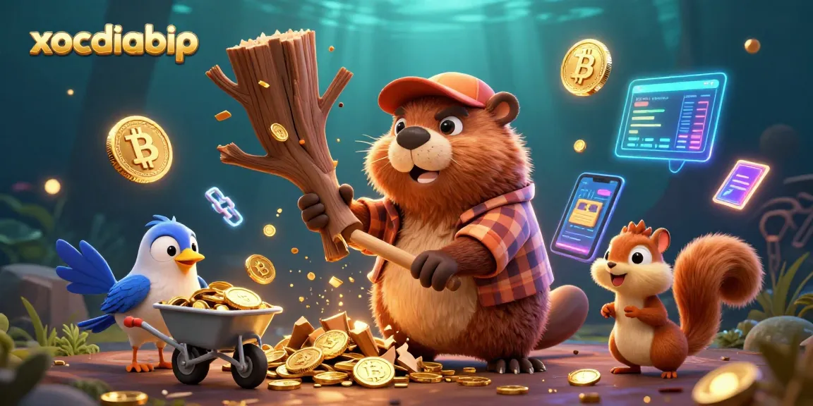 xocdiabip showcases a cartoon beaver in a casino scene, harvesting gold coins among digital crypto elements.