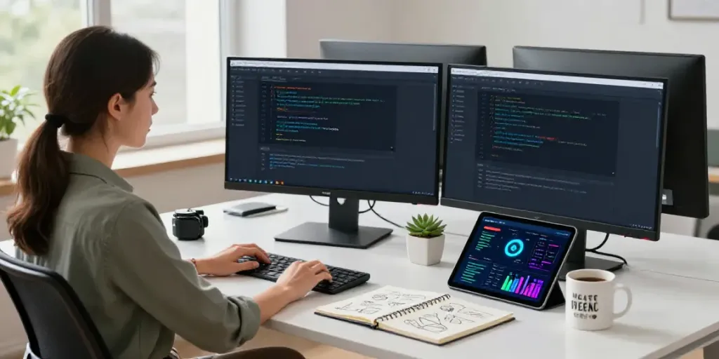 Developer using RSS to article converter with AI in a bright modern office.