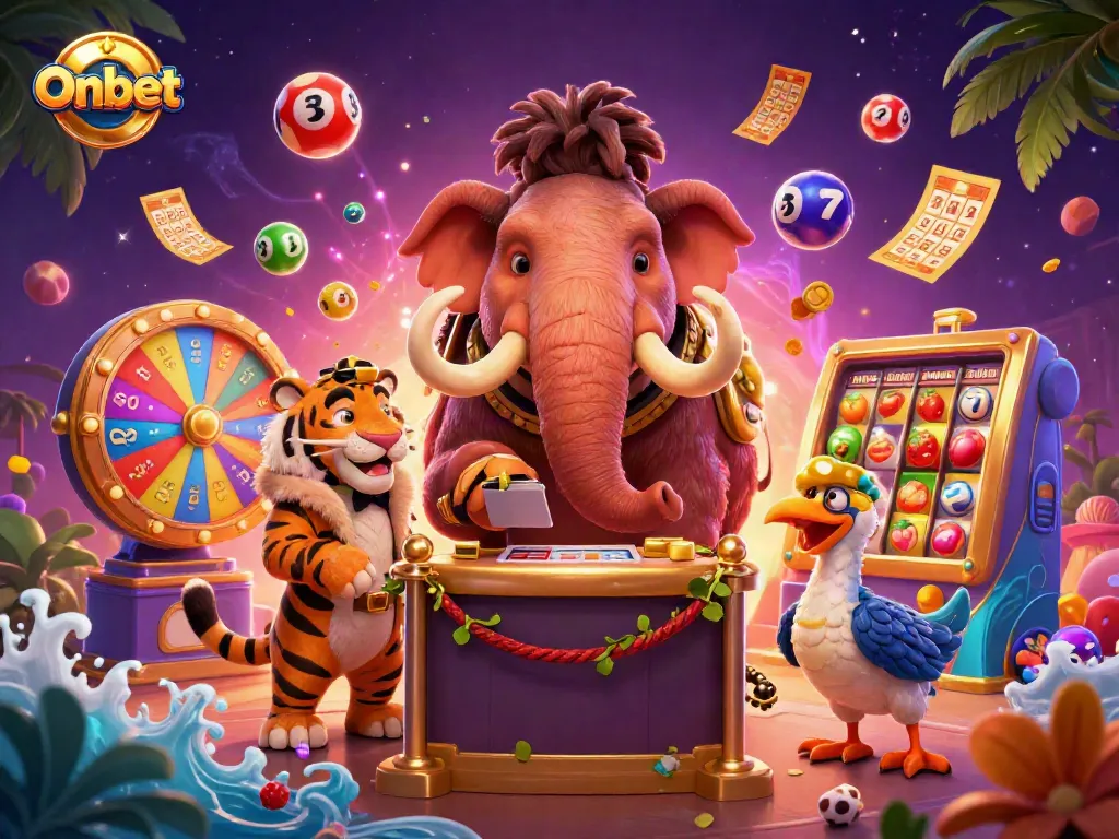 Engage in exhilarating gaming at Onbet with a whimsical casino scene featuring a woolly mammoth bouncer and vibrant lottery elements.