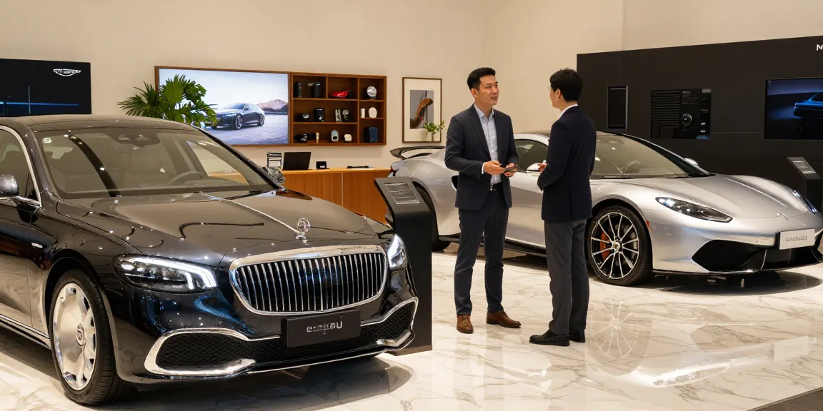 Menampilkan LUXURY 777 dalam showroom mobil mewah yang elegan dan modern.