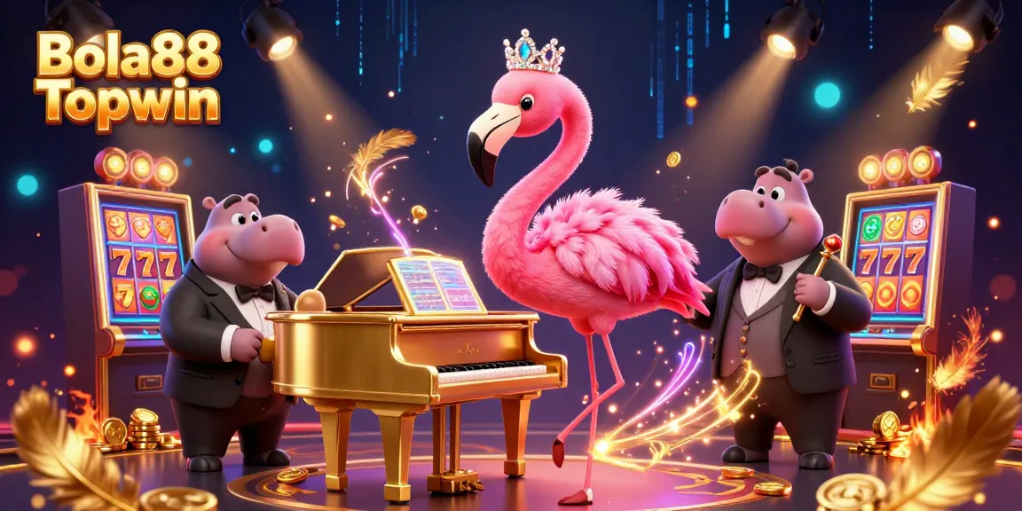 Bola88 Topwin features a lively casino scene with a flamingo singer and hippo bassist, surrounded by vibrant slot game elements.