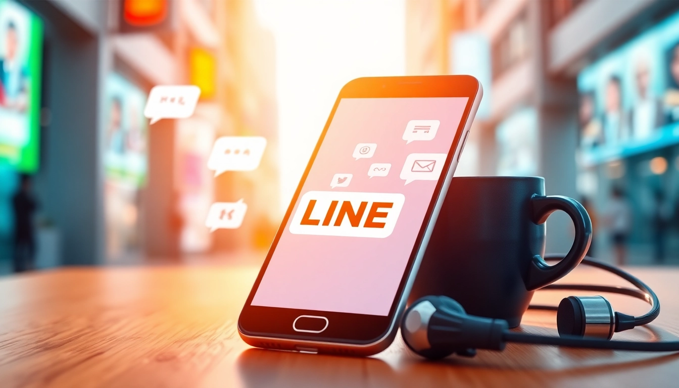 使用 LINE 下載的智慧型手機展示即時通訊的多媒體界面。