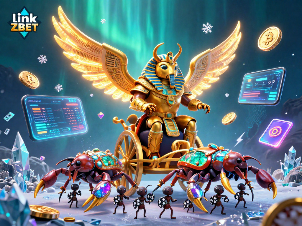 Experience the excitement of gaming with link ZBET's golden scarab chariot and crypto elements.