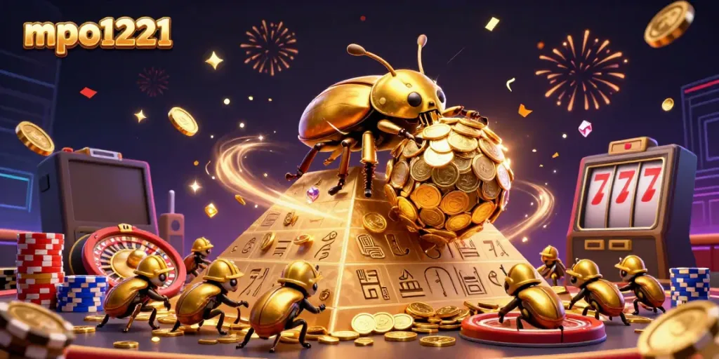 Engage in the mpo1221 action with cartoon beetles rolling gold coins amidst casino symbols!