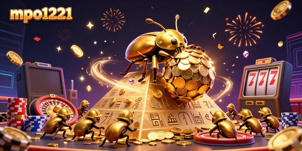 Engage in the mpo1221 action with cartoon beetles rolling gold coins amidst casino symbols!