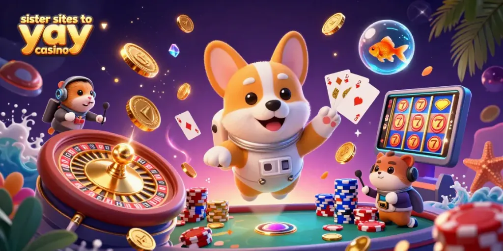 Experience sister sites to yay casino with a colorful, animated scene of 3D characters enjoying casino games.