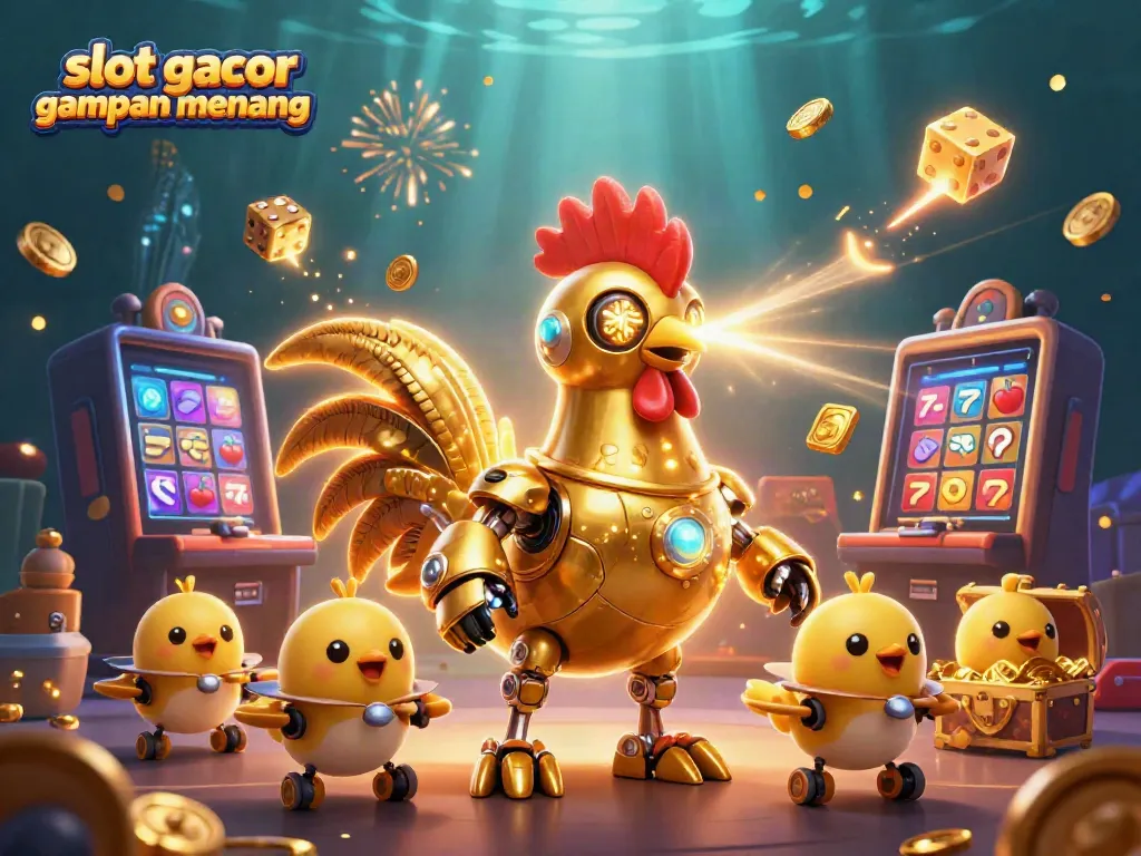 Experience the excitement of slot gacor gampang menang with a golden rooster robot and vibrant casino elements.