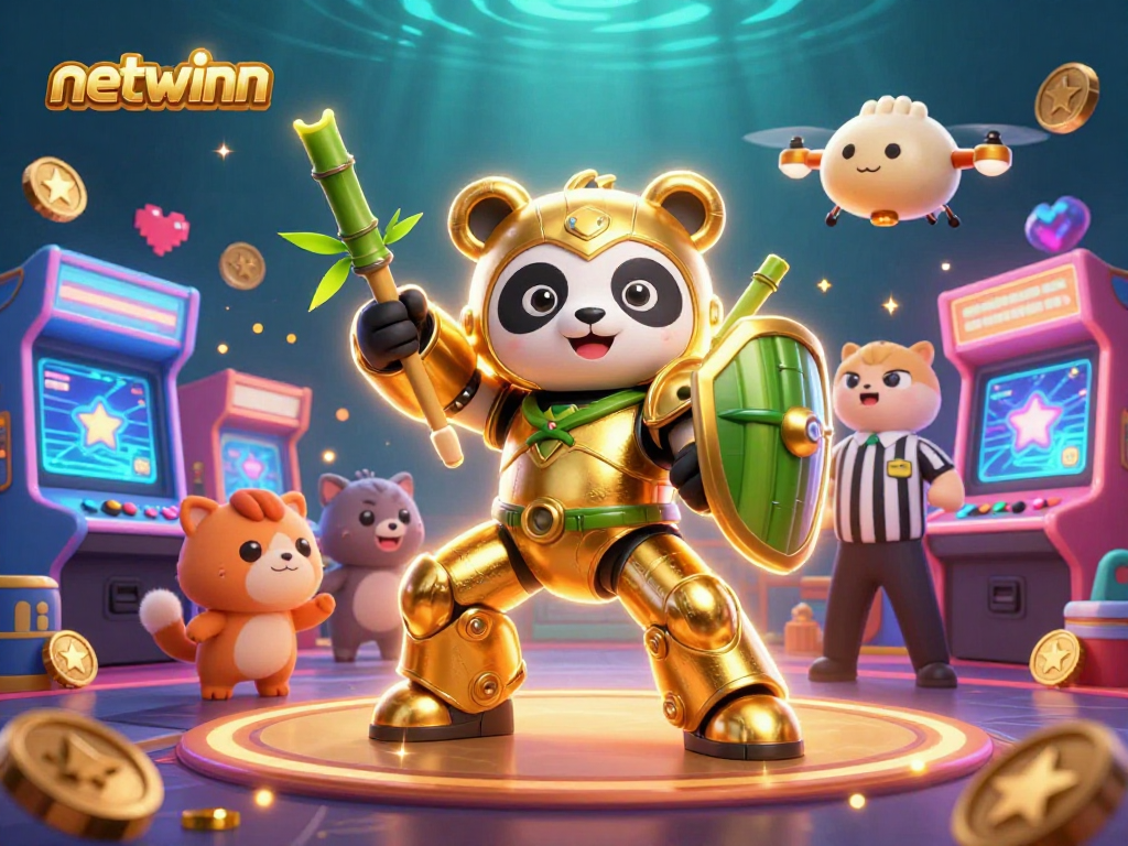 Experience thrilling gameplay with netwinn's dynamic casino arena illustration featuring a golden panda mech-suit.