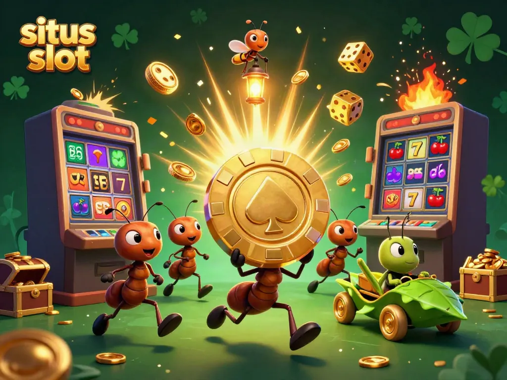 Experience the excitement of situs slot with animated ants and casino elements in a dynamic heist scene.