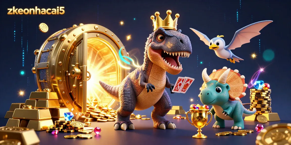 Engage with zkeonhacai5 while a T-Rex shuffles cards and a triceratops stacks golden chips amid casino riches.