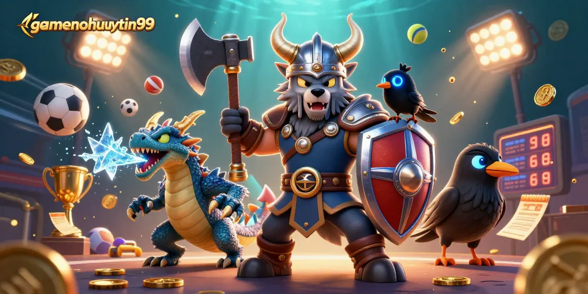 Engage with gamenohuuytin99 as Viking wolf warrior, dragon, and dynamic sports elements unite!
