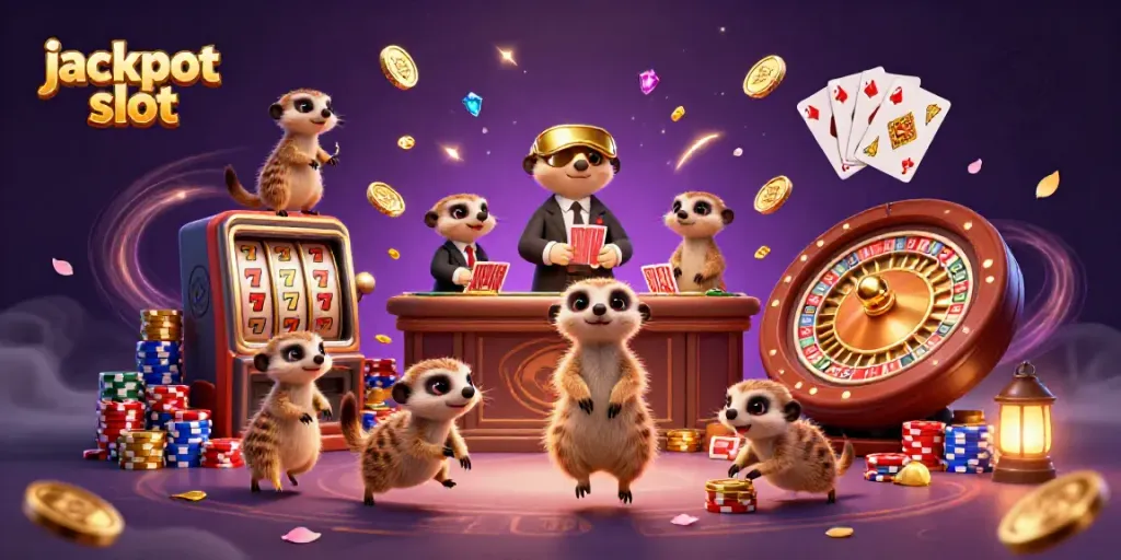 Experience the excitement of jackpot slot machines in this whimsical meerkat casino scene.