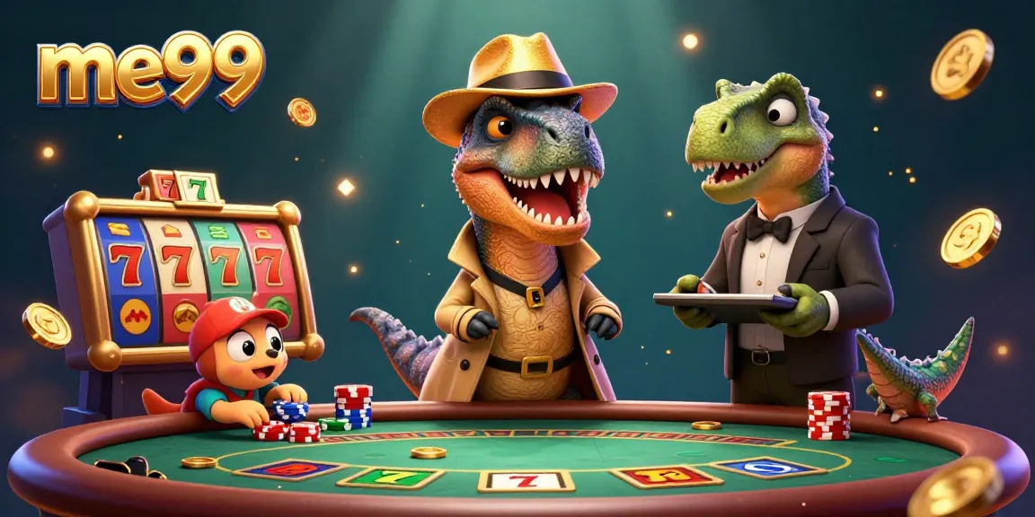 Experience thrilling gameplay at me99 with a velociraptor and stegosaurus engaging in a lively casino scene.