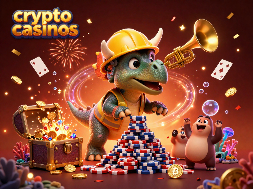 Jouez aux crypto casinos avec un triceratops construisant des jetons de poker entouré d'éléments marins vibrant.