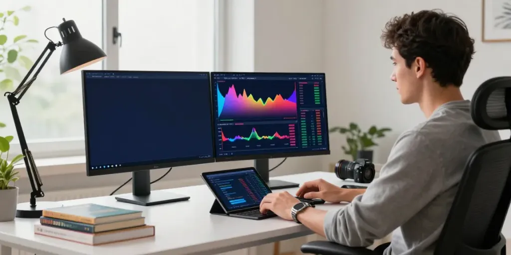 TradingView workspace with dual monitors displaying charts and market data.