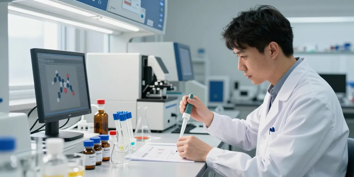 Research scientist in lab conducting experiments with Retatrutide peptides.