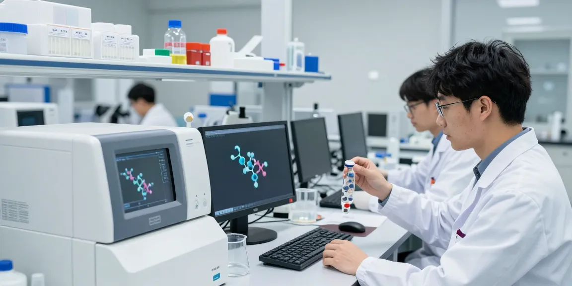 Research peptides being analyzed in a modern laboratory with scientists conducting experiments.